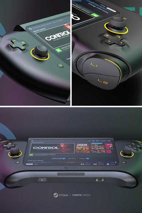 The Steam Deck 2 concept is here, and it's mind-blowing! 💡🚀 Carota's design envisions a next-gen handheld with a sleeker form, improved display, and a performance-oriented core that outshines the competition. 💪⚡ With premium Hall Effect sensors and wireless charging capability, this gaming console is set to redefine the gaming experience on the go. Get ready to level up your gaming with the Deck 2! #GamingConsole #SteamDeck2 #ConceptDesign #NextGenGaming Handheld Game Console Design, Game Console Concept Design, Gaming Console Design, Gaming Console Setup, Console Concept, Game Console Design, Wall Mounted Pc, Gaming Technology, Games Controller