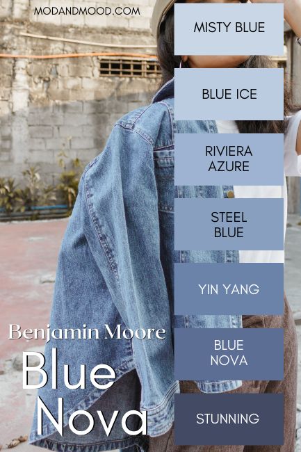 The Benjamin Moore Blue Nova color strip features from light to dark: Misty Blue, Blue Ice, Riviera Azure, Steel Blue, Yin Yang, Blue Nova, and Stunning. All over a background of a woman in a denim jacket. Benjamin Moore Sky Blue, Benjamin Moore Periwinkle Blue, Blue Heron Paint Color Benjamin Moore, Blue Nova Color, Blue Jean Paint Color, Periwinkle Blue Paint Color, Del Mar Blue Benjamin Moore, Benjamin Moore Denim Wash, Chambray Blue Color Palette