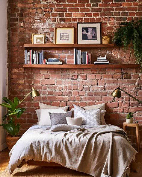 Cozy and stylish bedroom vibes! Loving the exposed brick wall and the warm, inviting decor. Perfect for relaxing with a good book. #BedroomGoals #CozyHome #InteriorDesign #ExposedBrick" Exposed Brick Apartment Living Room, Bricks Bedroom Ideas, Red Brick Bedroom Ideas, Exposed Brick Room, Exposed Brick Studio Apartment, Exposed Brick Apartment Aesthetic, Exposed Brick Decor, Bedroom With Exposed Brick, Bedroom With Brick Accent Wall