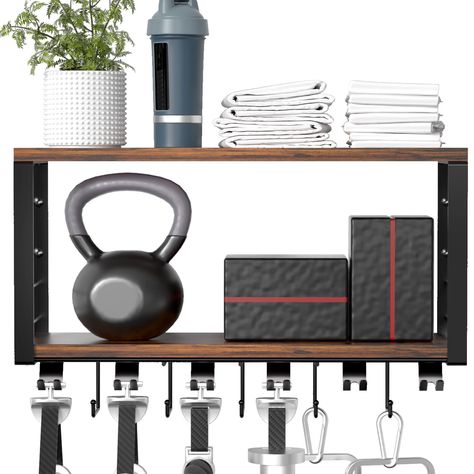 PRICES MAY VARY. 2 Tier Floating Design: Elevate your home gym aesthetics with our sleek shelves, designed to organize home gym accessories with T-bracket locks and other fitness equipment , the floating rack has 6 T-brackets and 5 regular hooks. Wall Mounted Stability: Say goodbye to clutter with strong, secure wall-mounted racks that keep your gear off the floor. Provides both style and functionality to your gym Wood and Metal Blend: Infuse industrial charm into your space; durable constructio Floating Shelves Gym, Home Gym Storage Ideas Small Spaces, Home Gym Storage Ideas, Gym Storage Ideas, Gym Equipment Storage, Mini Gym At Home Ideas, Home Gym Organization, Home Gym Storage, Gym Organizer