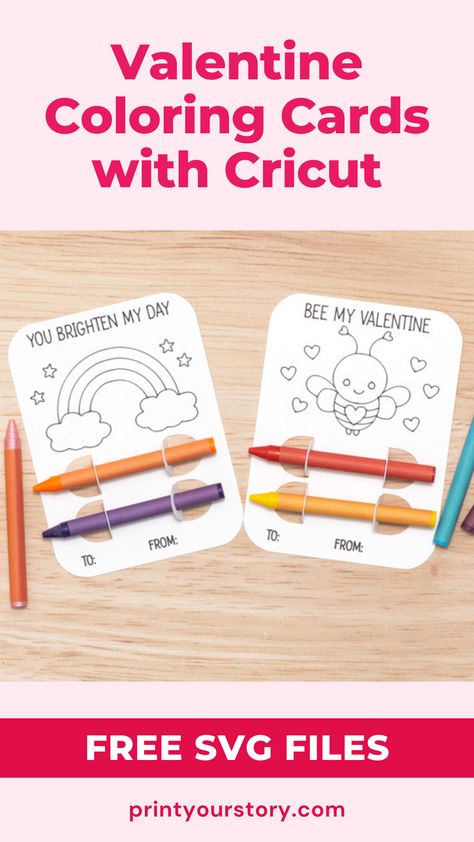 Make unique Valentine's Day cards for loved ones with our free Coloring Card SVG files for Cricut. Easy, fun, and budget-friendly project for the whole family! via @YourStorySVG Cricut Print And Cut, Crayon Holder, Card Svg, Valentines Day Greetings, Valentine Coloring, Valentine's Day Cards, Free Valentine, Unique Valentines, Cricut Free