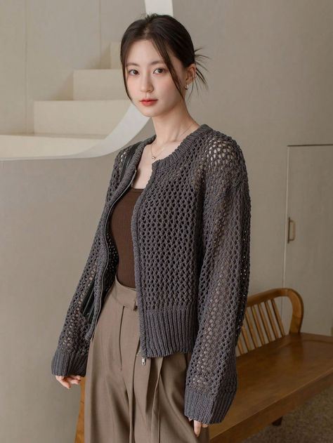 Dark Grey Casual Collar Long Sleeve Knitwear Plain  Embellished Medium Stretch  Women Clothing Dark Grey Cardigan Outfit, Short Cardigan Outfit, Outfits With Grey Cardigan, Dark Grey Cardigan, Long Cardigan Outfit, Cardigan Outfit, Summer Cardigan, Short Cardigan, Cardigan Outfits