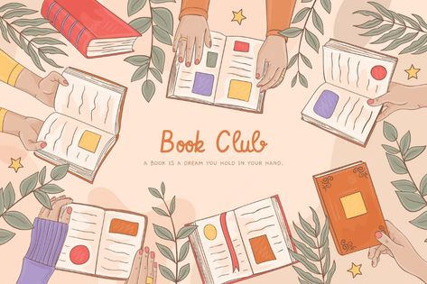 Premium Vector | Hand drawn flat book club illustration Book Club Illustration Art, Book Club Cover Photo, Reading Graphic Design, Book Club Images, Book Club Poster Ideas, Book Club Aesthetic Wallpaper, Book Club Wallpaper, Books Illustration Design, Book Club Graphic Design