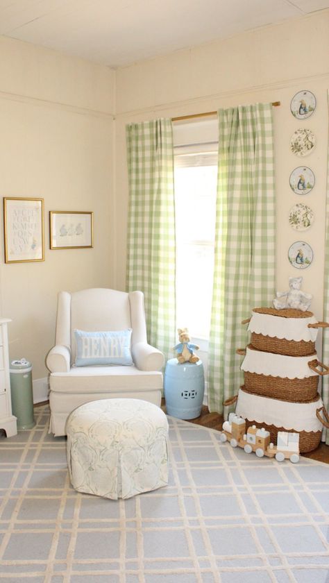 Rebekah Hinz Timmel on Instagram: "The sweetest room in our house just got sweeter!✨Henry and I could not be happier with the curtains that were kindly gifted to us from @letsdecoberry The “Mertie buffalo check” pattern is so classic & timeless and they completely transformed his nursery🤍The fabric is incredibly soft but more importantly, resistant to wear & tear🙌🏻which means my angel boy can play with them all he wants without any concern on my end!👼🏼 I chose the “Laurel green” but make Green Nursery Boy, Gingham Curtains, Laurel Green, Classic Nursery, Angel Boy, Pastel Nursery, Nursery Room Design, Nursery Room Boy, Nursery Curtains