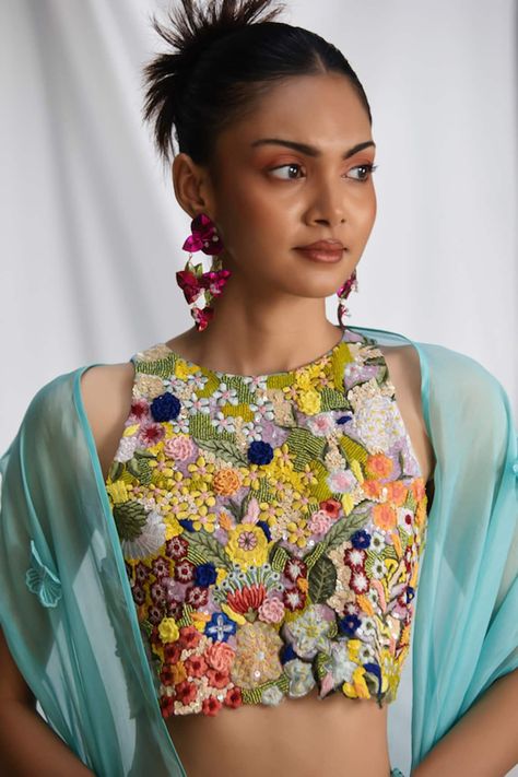 Buy Blue Organza Hand Embroidered Thread High Botanical Floral Blouse For Women by Pooja Bagaria Online at Aza Fashions. Floral Blouse Designs, Hand Embroidered Blouse, Blue Organza, Fashion Top Outfits, Hand Work Blouse, Desi Clothes, Bridal Dress Fashion, Indian Blouse, Hand Work Blouse Design