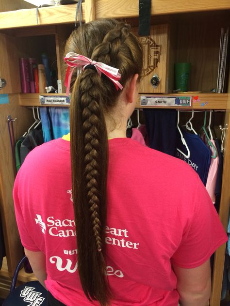 Perfect Pack it Pink Volleyball hair #hair #volleyball #redhead #bow #dutchbraid #braid Dig Pink Volleyball, Dig Pink Volleyball Ideas, Pink Out Volleyball, Volleyball Hair Bows, Ponytails Hairstyles, Pink Volleyball, Dig Pink, Volleyball Ideas, Volleyball Hair