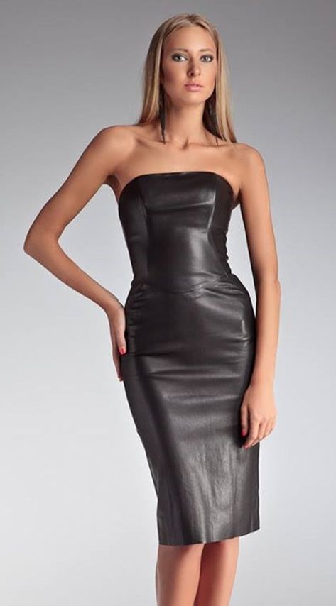 Only Leather Leathwr Dress, Strapless Leather Dress, Black Leather Dress Outfit, Fitted Leather Edgy Dress, Leather Dress Runway, Woman’s Leather Dress, Leather Hot Dress, Leather Dress Outfit, Easter Dresses For Toddlers