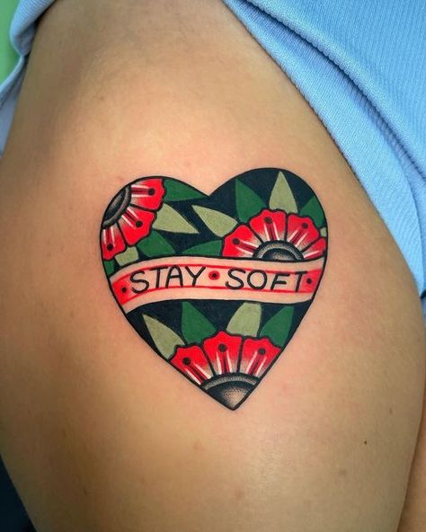 Dani Queipo on Instagram: "#londontattoo #traditionaltattoo #tattoo #colortattoo #hackney #eastlondon #london" Stay Soft Tattoo, Old School Heart Tattoo, Old School Heart, Soft Tattoo, Old School Tattoos, Stay Soft, School Tattoo, Hell Yeah, Old School Tattoo