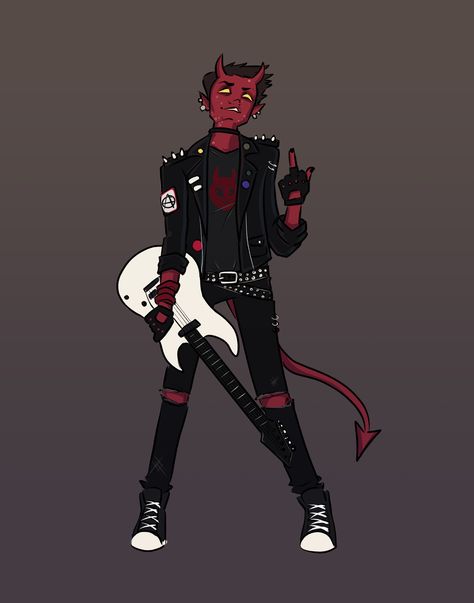 Rock And Roll Bard Dnd, Punk Rock Bard Dnd, Rock Star Character Design, Punk Dnd Character, Punk Tiefling, Punk Rock Character Design, Rock Character Design, Dnd Concept, Demon Costume