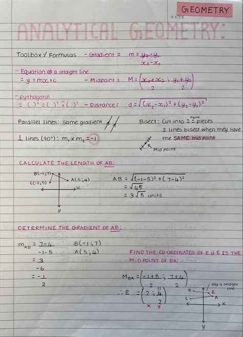 Analytical Geometry Notes, How To Study Geometry, Coordinate Geometry Notes, Maths Notes Ideas, Geometry Notes High School, Grade 10 Math Notes, Grade 10 Notes, Geometry Notes Aesthetic, Math Study Notes