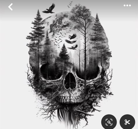 Creepy Woods Tattoo, Graveyard Sleeve Tattoo, Forest Neck Tattoo, Elk Hunting Tattoos, Dark Nature Tattoo Sleeve, Survival Tattoo For Men, Skull Nature Tattoo, Ghost Skull Tattoo, Outdoors Tattoo Ideas