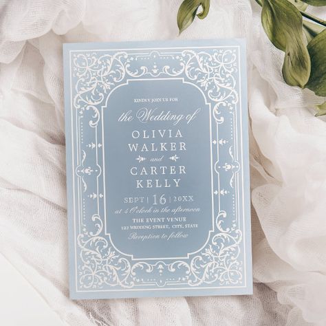 Dusty blue elegant ornate romantic vintage wedding invitation Dusty Blue Winter Wedding, Invitations Aesthetic, Romantic Vintage Wedding, Popular Wedding Invitations, Blue Winter Wedding, Wedding Announcement Cards, Wedding Romantic, Winter Wedding Invitations, Blue Winter