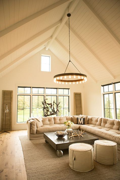 Hahn Builders | Roark Modular Ring Chandelier by Ralph Lauren | RL5131 | Shop Now: http://www.circalighting.com/search_results.aspx?q=roark Vaulted Ceiling Lighting, High Ceiling Lighting, Vaulted Ceiling Living Room, Beige Couch, Slipcovered Sectional, Industrial Coffee, Sky Light, Industrial Livingroom, Ring Chandelier