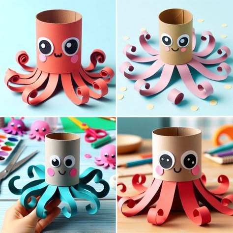 Animals Recycled Materials, Toilet Paper Roll Octopus, Loo Roll Crafts Kids, Diy Ocean Animals, Loo Roll Crafts, Toilet Paper Roll Crafts For Kids, Octopus Craft, Toilet Roll Art, Zoo Crafts