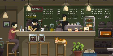 ArtStation - Coffee Break Pixel Jeff, Pixel Art Gif, 컴퓨터 배경화면, Pixel Art Landscape, Gif Background, 8 Bit Art, Pixel Art Background, Pixel Animation, Arte 8 Bits