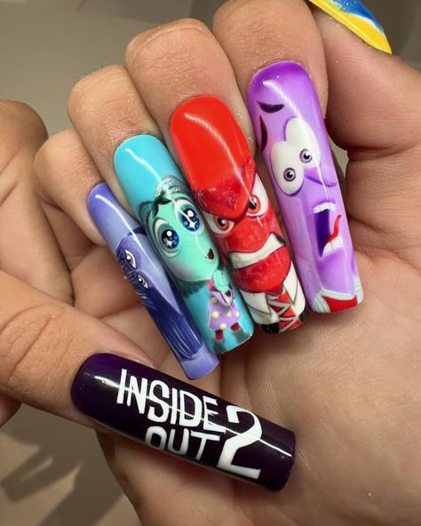 INSIDE OUT 2 nails .. photo dump🧠🌈☁️ Which emotion do you relate to the most???? Swipe for a closer look of the thumbs👉🏼��👉🏼👉🏼 #insideout2 #disney #pixar #disneynails #insideoutnails #explore #handpainted #nailart #disneypressons #emotions Inside Out Nails, Pixar Nails, Nails Photo, Disney Nail, Inside Out 2, Disney Nails, Cute Nail Designs, Fake Nails, Photo Dump