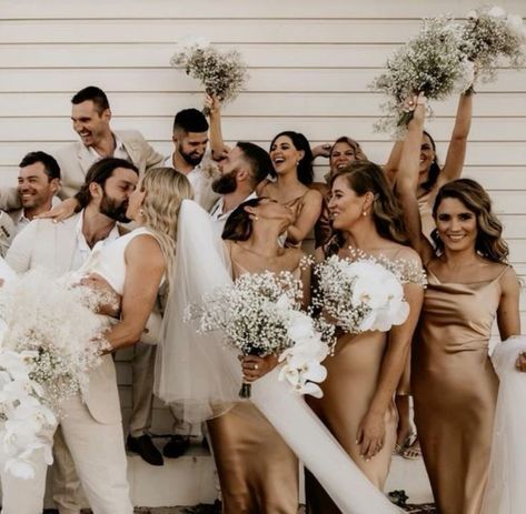 Soft Neutral Bridesmaid Dresses, 2023 Bridal Party Trends, Beige Bridesmaid And Groomsmen, Wedding Dresses Size 8-10, Taupe And Gold Bridesmaid Dresses, Classic Wedding Party Attire, Beige Themed Wedding, Brown Bridal Party Color Schemes, Timeless Bridal Party