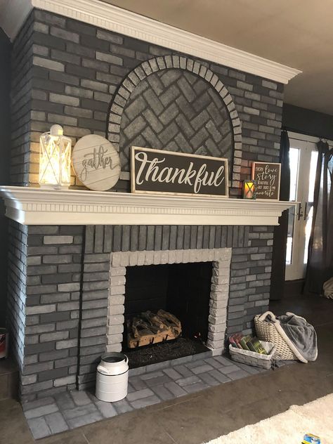 Fireplace Makeover: Grey Paint - The Happy Farmhouse White Wash Brick Fireplace, Red Brick Fireplaces, Fireplace Redo, Painted Brick Fireplace, Painted Brick Fireplaces, Fireplace Update, White Wash Brick, Paint Fireplace, Brick Fireplace Makeover