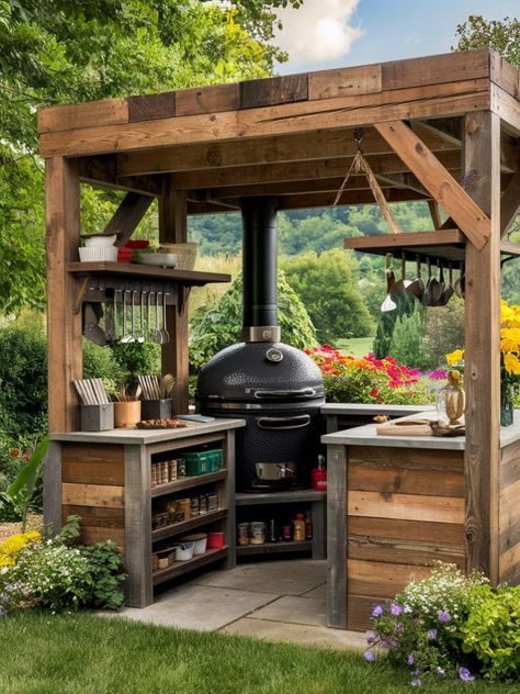 19 DIY Grill Station Ideas – The DIY Desire Argentine Grill Diy, Diy Covered Outdoor Kitchen, Outdoor Kitchen Off Grid, Grill On Patio, Outdoor Grill Area Diy, Grill Shack, Grill Station Ideas, Bbq Shelter Ideas, Garden Shack