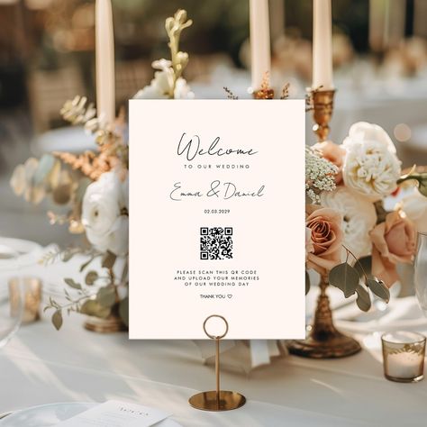 Welcome Table-Card with Couple's Name and Wedding Date, Including QR Code for your Photo Gallery @zazzle Celebrate your love and greet your guests in style with our customized welcome Card! This minimal Card is not only an elegant decoration for your wedding, but also an interactive keepsake that engages your guests. So many pictures are taken by guests at a wedding that the couple often never gets to see. If you want to create a photo gallery where your guests can upload the pictures they've... Wedding Info Card, Wedding Guest Signing, Welcome Table, Welcome Card, Beige Wedding, Welcome To Our Wedding, Wedding Date, Wedding Deco, Table Cards