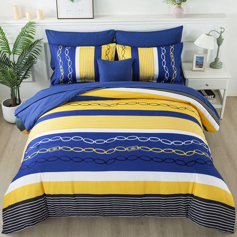 PRICES MAY VARY. 【Bed in a Bag Comforter Set 】8 pieces queen size bed in a bag includes 1 comforter(90"×90"),2pillow shams (20"x26"),2pillowcases(20"x30"),1fitted sheet(60"×80"+12"),1 flat sheet(90"×102"),1 decor pillowcase(15"×15"). 【Modern Reversible Striped Design】Reversible stripe comforter set design combines with boho pattern.A side is blue yellow and black stripe pattern,B side is elegant blue.Striped design with a boho pattern to add bedroom into classic and modern style. 【Premium Materi Navy Blue And Yellow Bedroom, Blue Bedroo, Yellow And Blue Bedroom, Add Bedroom, Bedding Sets Blue, Yellow Boys Room, Blue And Yellow Bedroom, Navy Comforter Sets, Yellow Bedding Sets