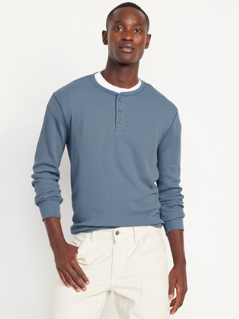 crew neck long sleeves button-henley placket relaxed fit hits at hip model is approx.  6'1" and wears size mmachine wash according to the care instruction label Dad Fits, Family Photo Colors, Fam Pics, Waffle Henley, Henley T Shirt, Pajamas Gift, Old Navy Men, Henley Shirt, Mens Button Up