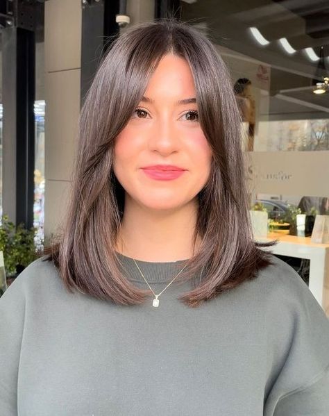 a medium length dark brown haircut with curtain bangs and a perfect touch of shine is amazing Haircuts For Medium Length Hair, Straight Hair Cuts, Bangs With Medium Hair, Vlasové Trendy, Hairstyles For Layered Hair, Shoulder Length Hair Cuts, Haircuts For Medium Hair, Haircuts Straight Hair, Penteado Cabelo Curto