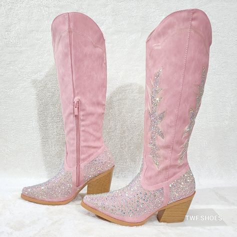 Yours Forever Soft Vegan Leather Multi Size Iridescent (Multi Color Sparkle) Rhinestones Gorgeous! Western Cut Heels ( Approx. 2.75") Knee High Shaft With Half Inner Zipper For Easy On/Off Brand New In Box Composite Sole With Faux Wood Look Heels Bling Out Cowboy Boots, Western Glitter Boots, Cowgirl Rhinestone Boots, Pink Cowgirl Fancy Dress, Blingy Cowgirl Boots, Ponk Cowgirl Boots, Summer Boots With Rhinestones And Round Toe, Summer Party Boots With Rhinestones, Glamorous Spring Boots With Rhinestones