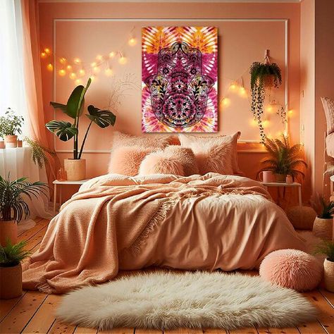 Hamsa Hand Mandela Print Orange Pink Tie Dye Effect Cotton Wall Tapestry Boho 100% Cotton Brand New Twin Size 85 X 59 Approx. Salmon Pink Room Bedrooms, Bold Eclectic Bedroom, Sunset Bedroom Decor, Pastel Orange Bedroom, Orange Room Bedroom, Pink Orange Green Color Scheme, Orange Pink Room, Bright Color Bedroom, Blush Pink Boho Bedroom