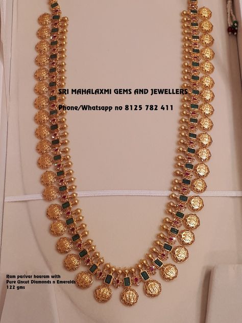 Ram parivar haaram with Pure uncut diamonds n Emeralds Gold Haaram Designs Bridal, Gold Haaram Designs, Ramparivar Kasu Haram, Ram Parivar Haram Designs Latest, Ram Parivar Necklace Designs, Ram Parivar Haram Designs, Ram Parivar, Gold Temple Jewellery, Indian Bridal Jewelry Sets