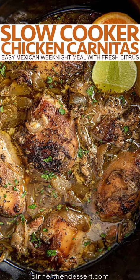 Slow Cooker Chicken Carnitas are an easy Mexican weeknight meal with fresh citrus, jalapeños and spices made crispy in a skillet for the perfect carnitas! #carnitas #slowcooker #chicken #chickencarnitas #slowcookerchickencarnitas #mexican #citrus Slow Cooker Kip, Carnitas Crockpot, Chicken Carnitas, Mexican Slow Cooker, Carnitas Recipe, Easy Mexican, Mexican Food Recipes Easy, Slow Cooking, Chicken Thigh Recipes