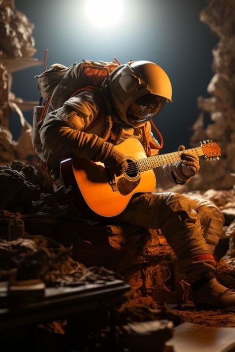 Guitar Drawing Aesthetic, Guitar Player Drawing, Guitar Playing Aesthetic, Astronaut With Guitar, Astronaut Cowboy, Playing Guitar Aesthetic, Playing Guitar Drawing, Astronaut Guitar, Astronaut Playing Guitar