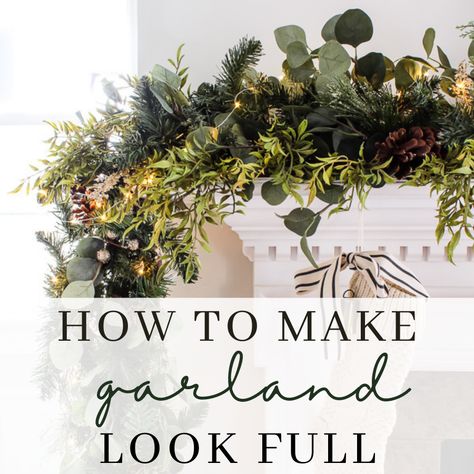 Fireplace Christmas Garland Target, How To Make A Christmas Fireplace Garland, Decorating A Long Mantle, How To Decorate Garland On Mantle, Layered Christmas Garland, Diy Garland For Mantle, Christmas Mantle Greenery, Layering Christmas Garland, Mantel Greenery Decorating Ideas