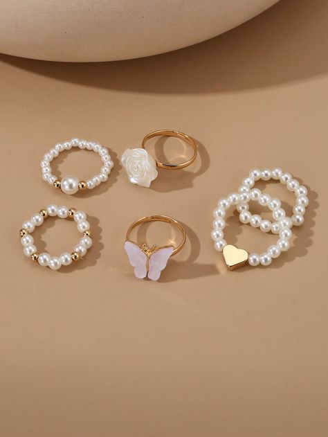 Multicolor  Collar  ABS   Embellished   Women Fashion Jewelry Cute Rings For Teens, Teen Ring, Flower Rings, Pearl Butterfly, Abs Women, Pretty Jewelry Necklaces, Teen Jewelry, Camellia Flower, Beaded Ring