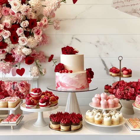 Bridal Shower Theme Unique, Bridal Shower Ideas For February, Bridal Shower In February, Bridal Shower And Bachelorette Together, Valentines Day Wedding Cake, Hot Pink Bridal Shower Decorations, Red Themed Bridal Shower Ideas, Valentines Shower Theme, Red And Gold Bridal Shower Ideas