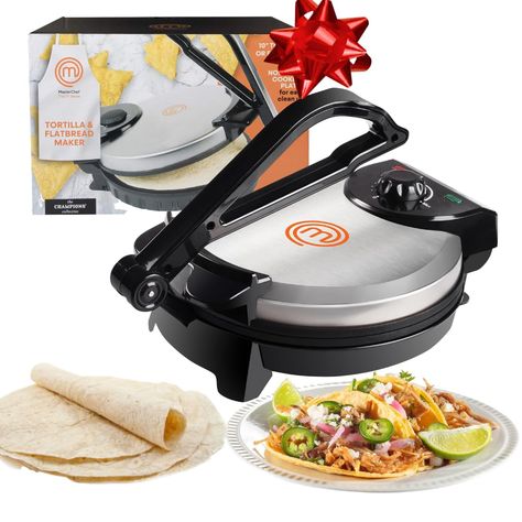 PRICES MAY VARY. Title: MasterChef Electric Tortilla Maker- Homemade Flatbread, Pitas, Tortillas- Heavy Duty, Non-stick Cooker Easier than Tortilla Press. Product Type: Categories > Kitchen & Dining > Small Appliances > Specialty Appliances > Quesadilla & Tortilla Makers Food Gadgets, Pita Flatbread, Tortilla Maker, Homemade Flatbread, Boricua Recipes, Tortilla Press, Cord Wrap, Homemade Tacos, Food Info