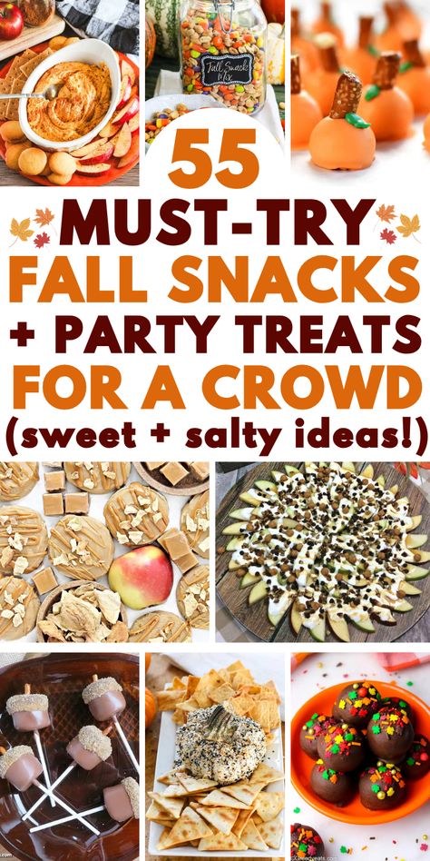 Fall snack ideas and autumn treats for a party, potluck, movie night, or Halloween or Thanksgiving gathering. These sweet and salty snacks include charcuterie boards, snack mixes, mini desserts and finger foods. Carry In Snack Ideas, Simple Snack Ideas For Party, Party Snacks Fall, Easy Snack Bar Ideas, Fall Chips And Dip, Fall Fruit Kabobs, Easy Fall Themed Snacks, Snack Ideas For A Party, Fall Inspired Party Food