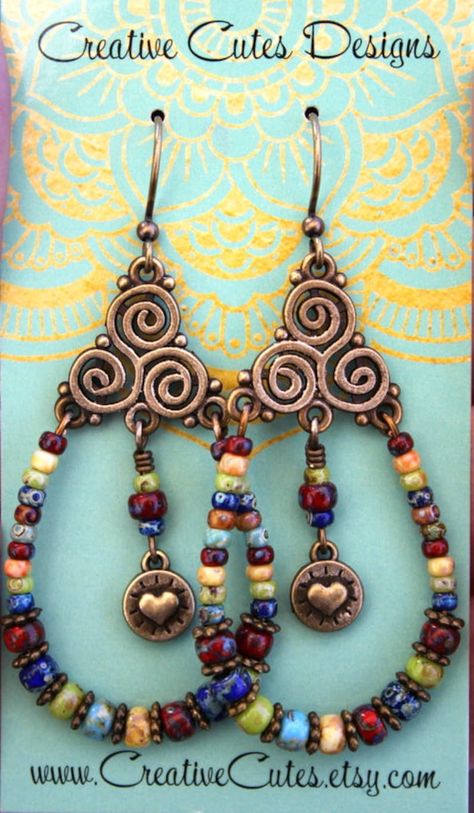 Glass Heart Earrings, Swirl Chandelier, Jewelry Crafts Diy, Bohemian Jewelry Earrings, Czech Beads Jewelry, Boho Beaded Earrings, Bohemian Jewelry Gift, Bead Dangles, Diy Jewelry Earrings