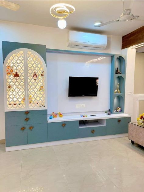 stylish blue colour wooden tv stand  designs 7 Feet Tv Unit Design, Tv Unit Cum Pooja Unit, Tv Panel With Mandir, Tv Unit Cabinet Design, Tv Unit Plus Mandir, Tv Unit With Pooja Unit In Living Room, Tv Cabinet With Pooja Unit, Tv Unit Attached Mandir, Tv Wall Design With Mandir