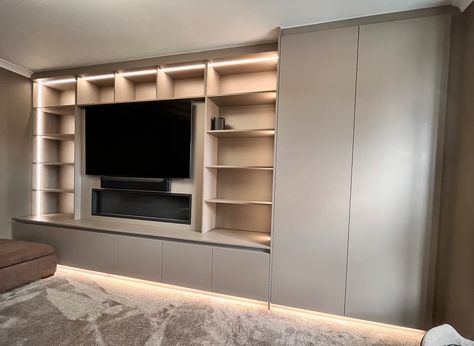 Bedroom Media Unit, Built In Tv Wall Unit With Fireplace And Storage, Bedroom Media Wall With Storage, Media Wall With Cupboards Either Side, Hidden Storage Media Wall, Media Unit With Desk, Off Centre Media Wall, Media Wall With Cupboard And Fire, Media Wall In Bedroom