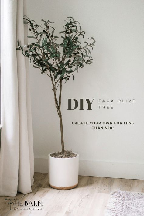 DIY Faux Olive Tree, make your own olive tree for less than $50! Modern casual home artificial plant decor look for less. Olive Tree Bathroom, How To Make A Faux Olive Tree, Olive Tree Bathroom Decor, Faux Olive Tree Front Porch, Olive Tree In Bathroom, Minimalistic Living Room Decor, Olive Tree Bedroom Decor, Diy Faux Plant Decor, Olive Tree Living Room Decor