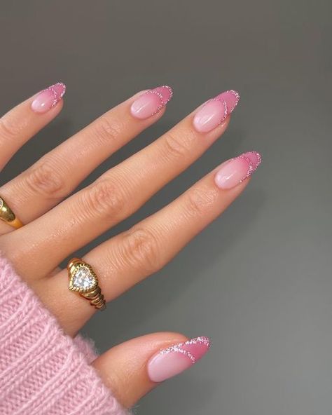 Alison • nailsbyalsn on Instagram: "reflective frenchies with and without flash 💗🎀✨ inspired by @heygreatnails 🌸 product details listed on my reel + story ————— #pinknails #pink #glitternails #gelnails #nailinspo #almondnails #cutenails #prettynails #nailart #minimalnails #valentinesday #valentinesnails #frenchtips #diynails" Cute Pink Nails With Glitter, Cutest Nails, Cute Pink Nails, Pink Glitter Nails, Minimal Nails, Pink Nail Designs, Nail Designs Glitter, February 9, Valentines Nails