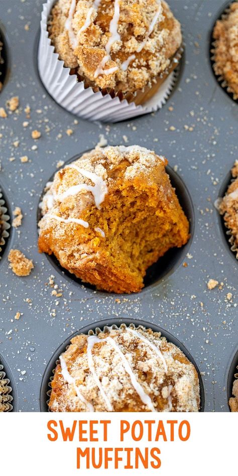 Sweet Potato Muffin Recipe, Icing Drizzle, Sweet Potato Puree, Canned Pumpkin Recipes, Sweet Potato Dessert, Canning Sweet Potatoes, Winter Breakfast, Potato Muffins, Sweet Potato Bread