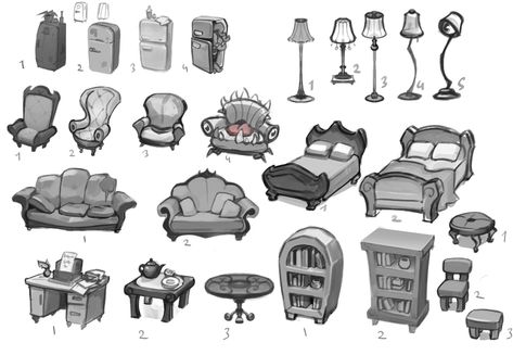 Concept Art Furniture, Furniture Concept Design, 3d House Interior, Magical House Interior, Lamp Concept Art, Furniture Concept Art, Props Sketch, Prop Design Concept Art, House Interior Illustration