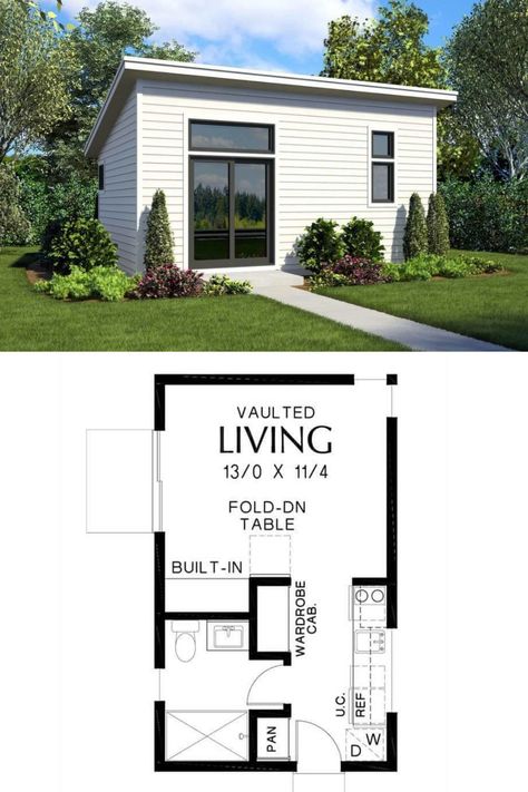 Bowman's one story small farmhouse house plan with an open concept floor plan. This 1 bedroom house plan is perfect for single living and can also be considered as a tiny house house plan as it is just 322 sq.ft. in size. It features a sleek box exterior with white horizontal siding and slanted rooflines. https://www.thehousedesigners.com/plan/bowman-7236/ White Horizontal Siding, One Bedroom House Plans, 1 Bedroom House Plans, Studio Floor Plans, One Bedroom House, House Plans Ideas, 1 Bedroom House, Free House Plans, Small House Floor Plans