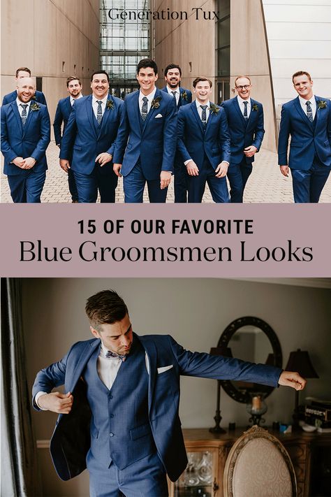 Blue has always been a classic look for grooms and groomsmen, but we’re not stuck in the past here. So we’ve put together some of our favorite blue looks that combine timeless elegance and modern appeal. Jill Caren Photography & Sarah Brookhart Photography Blue Tuxedo Wedding Groomsmen, Blue Wedding Tux Groom, Navy Blue Groom Suit Colour Schemes, Groom And Groomsmen Attire Blue, Midnight Blue Groomsmen, Navy Blue Mens Suits Wedding, Groomsmen Blue Suit, Groom And Groomsmen Attire Navy, Blue Suits Groomsmen