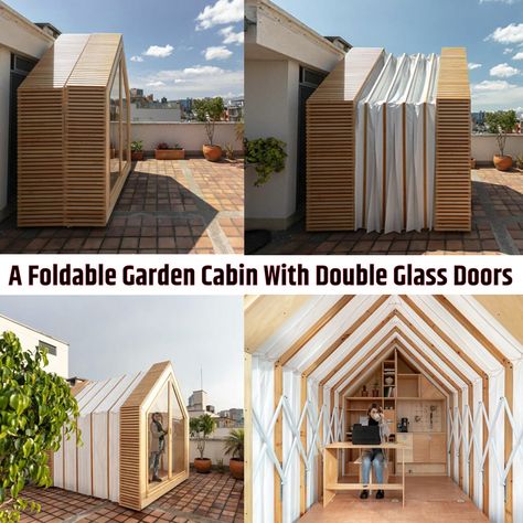 Iwi Micro-Cabin Unfurls Like Accordion to Add Space to Your Modest Living Plywood Exterior, Construction Garage, Micro Cabin, Garden Cabins, Room Ideas Living Room, Living Room Decorating Ideas, Front Porch Ideas For Mobile Homes, Micro House, Small Living Room Ideas