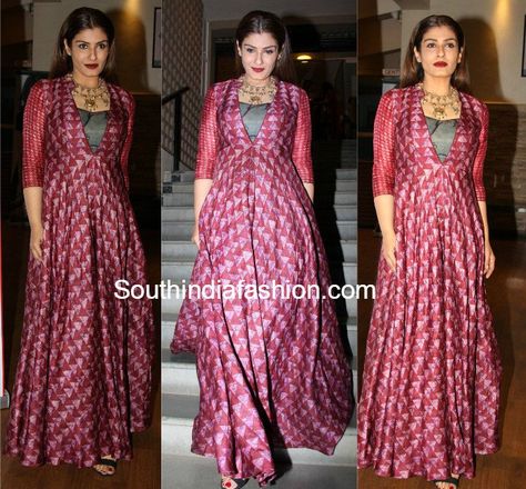 Raveena Tandon in Label Anushree Label Anushree, Indian Gown, Raveena Tandon, Bandhani Dress, Recycled Dress, Designer Kurti Patterns, Bollywood Outfits, Long Dress Design, Kurti Designs Party Wear