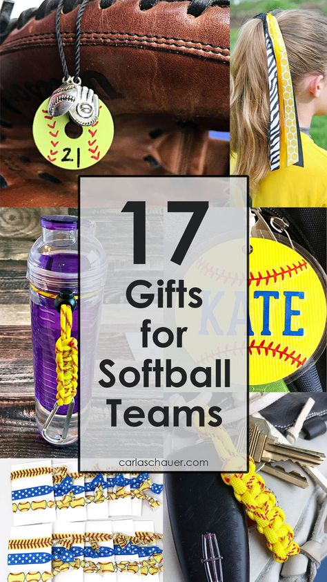 I need to pin these for later! Softball team gifts to make or buy for goodie bags. | Carla Schauer Studio Softball Gifts For Players, Softball Goodie Bags, Kids Softball, Softball Team Gifts, Softball Coach Gifts, Softball Tournaments, Softball Bags, Softball Crafts, Senior Softball