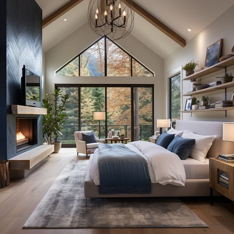 Master Rooms Bedrooms, Two Room Master Suite, Big Primary Bedroom, Dream Primary Bedroom, Master Bedrooms With Big Windows, Master Room With Fireplace, Big Window Bedroom Master Suite, Master Suite Inspiration, Master Bedrooms With High Ceilings